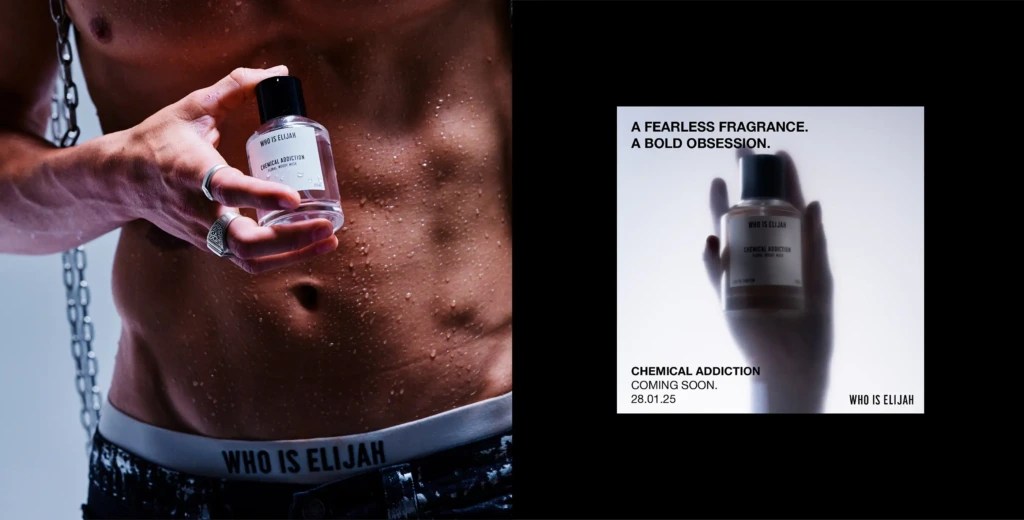 Who Is Elijah fragrance campaign — model holding the bottle beside the line 'A fearless fragrance. A bold obsession.'