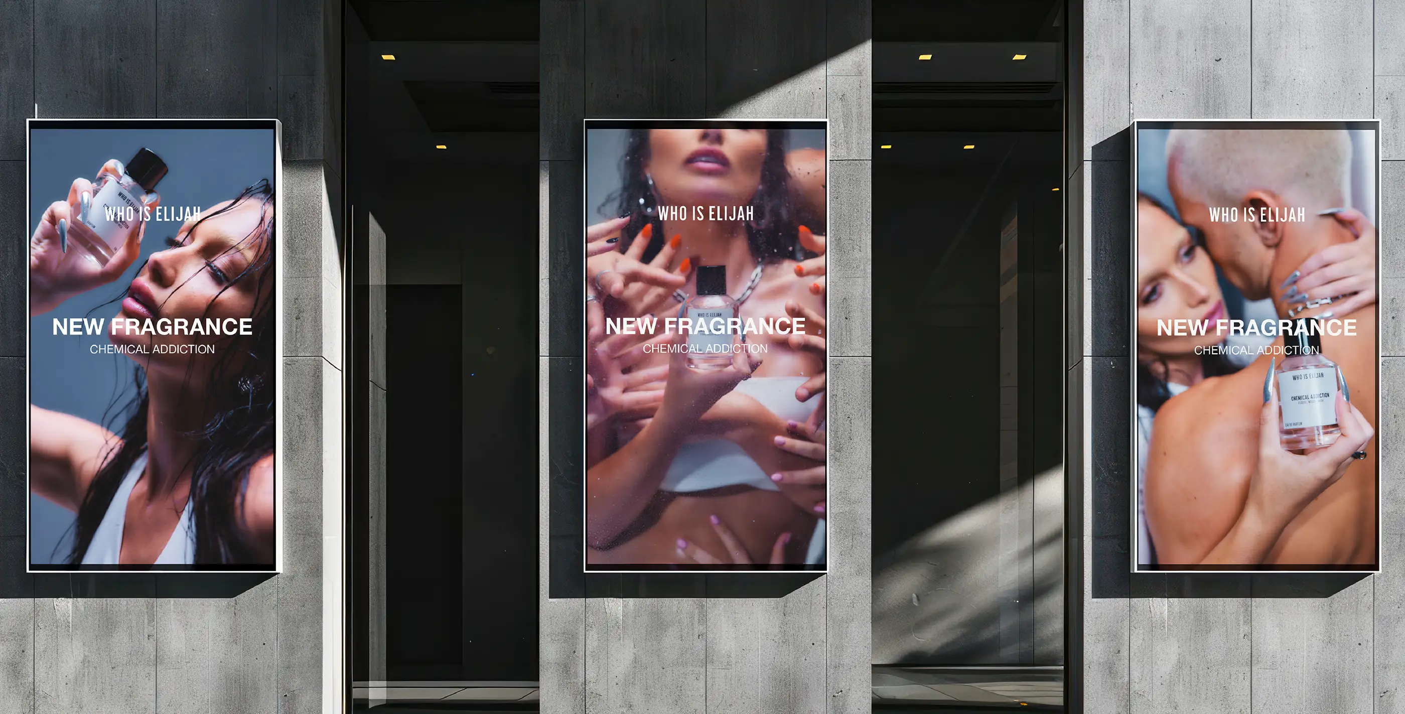 Who Is Elijah new fragrance campaign running across digital screens in a building foyer