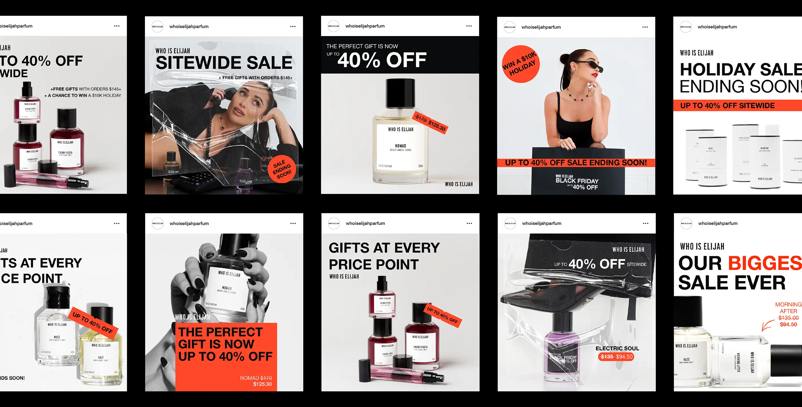 Grid of Who Is Elijah email and sale creatives, including sitewide sale and gifting layouts