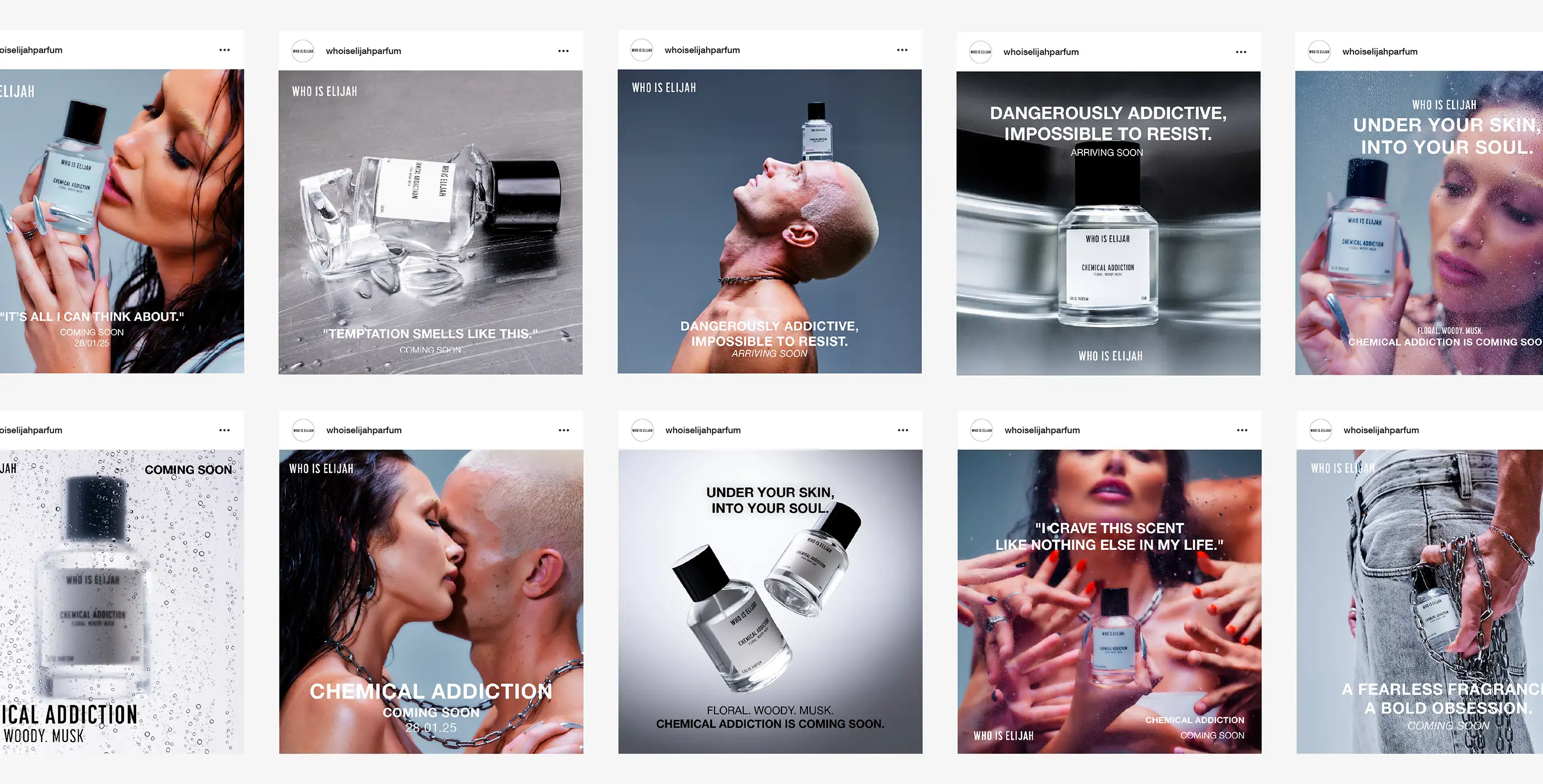 Grid of Who Is Elijah social tiles for the Chemical Addiction fragrance launch