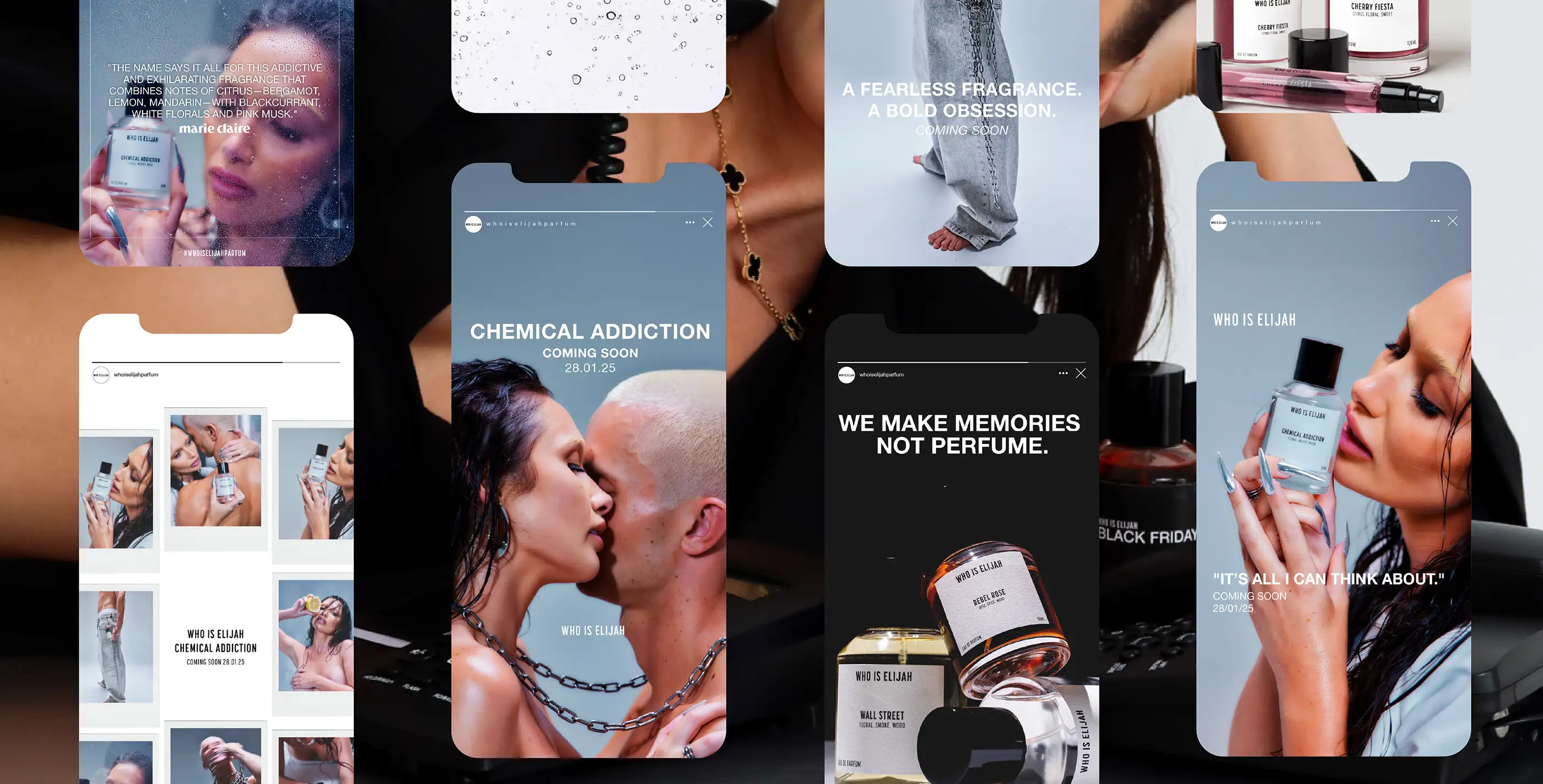 Who Is Elijah campaign content on phone screens, including the line 'We make memories not perfume'