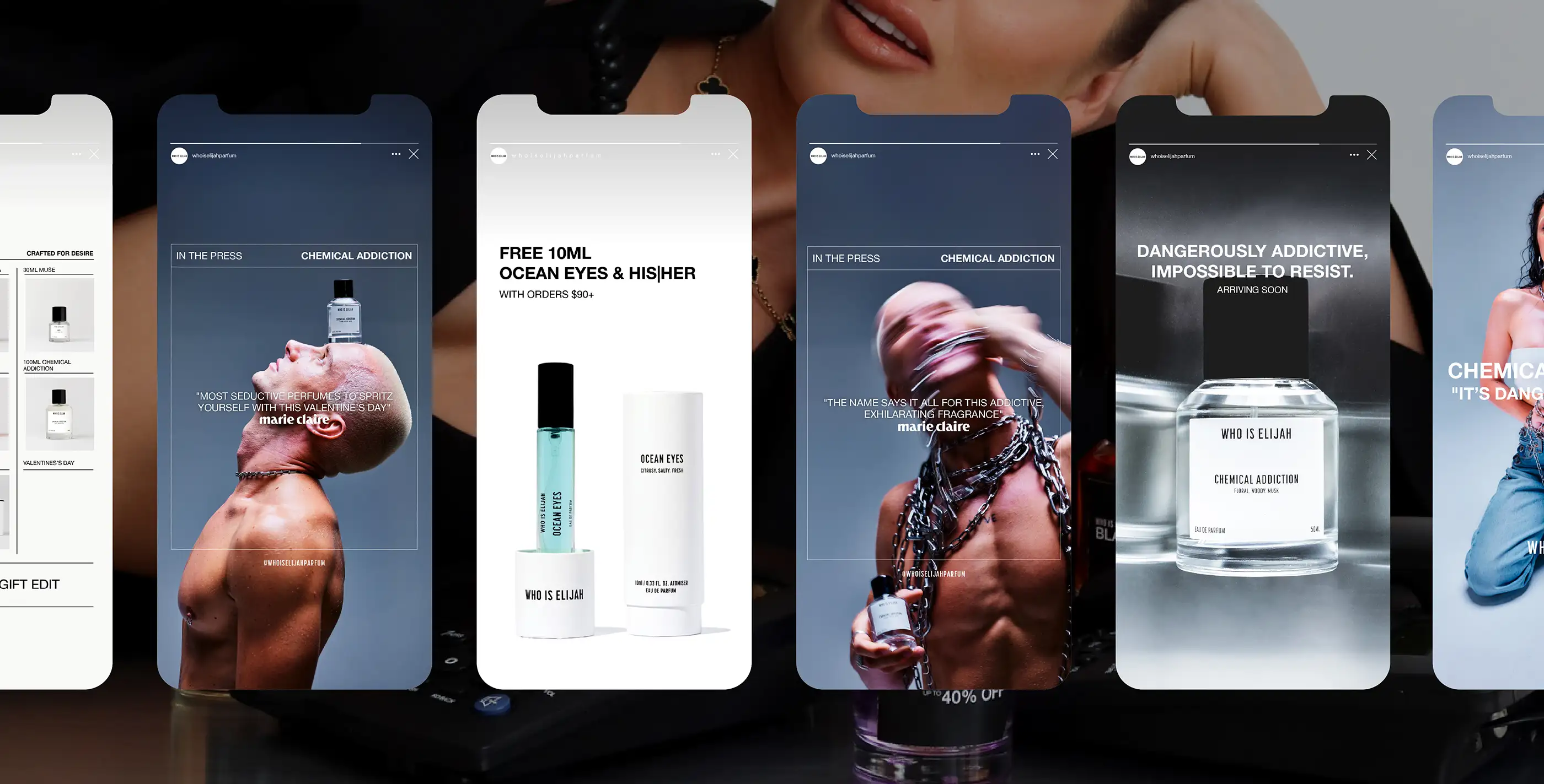 Who Is Elijah fragrance campaign shown across phone screens, with product and editorial photography