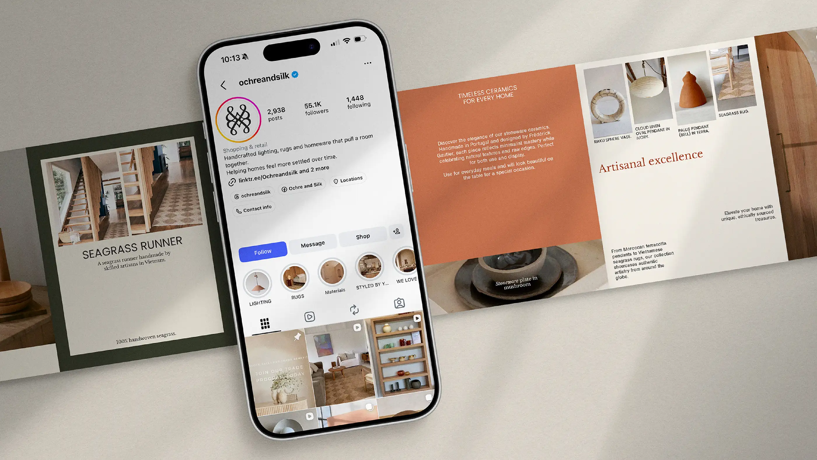 Ochre and Silk Instagram profile on a phone, shown beside printed brand collateral