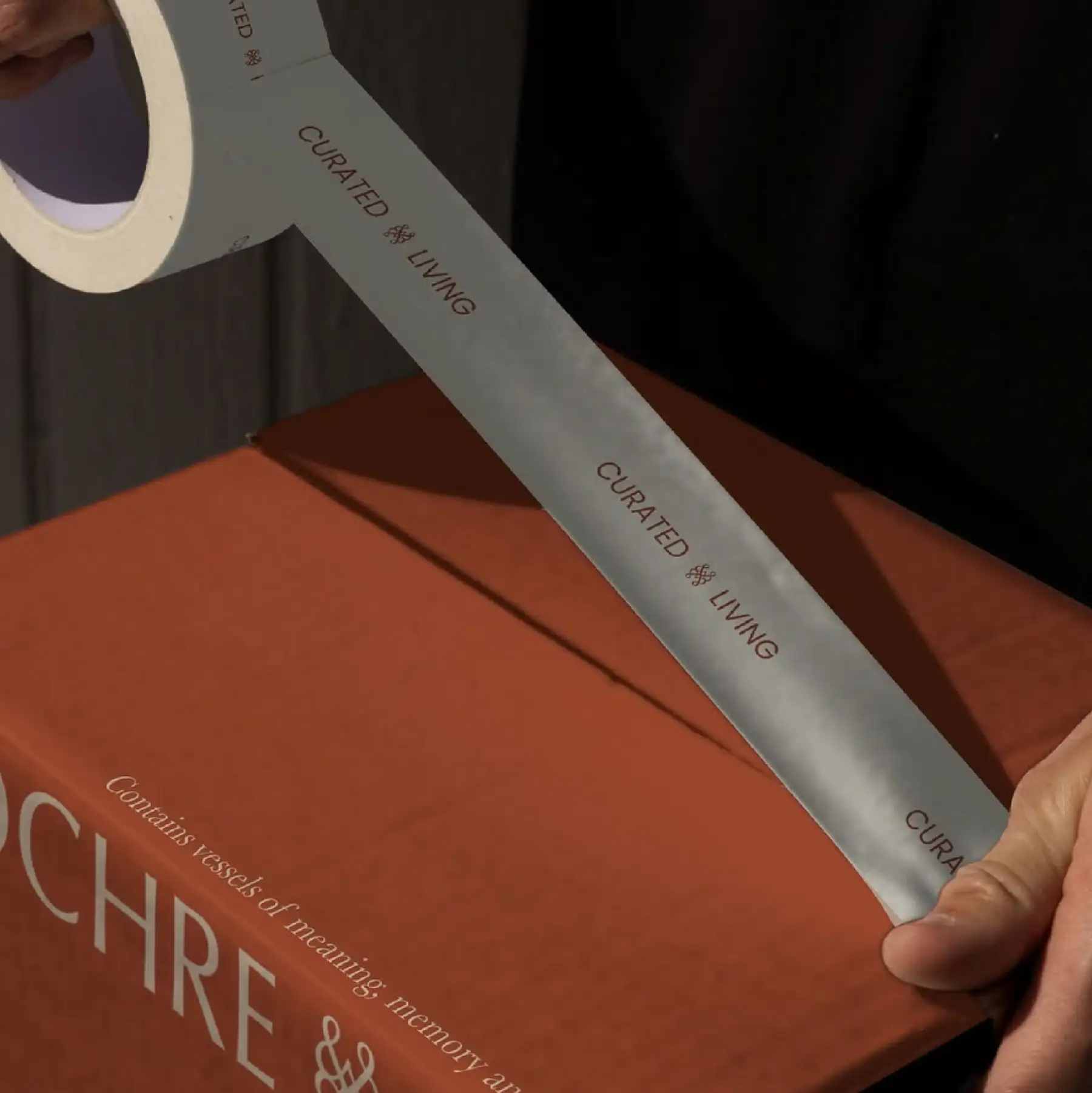 Ochre and Silk branded packing tape reading 'Curated living' being applied to a terracotta box