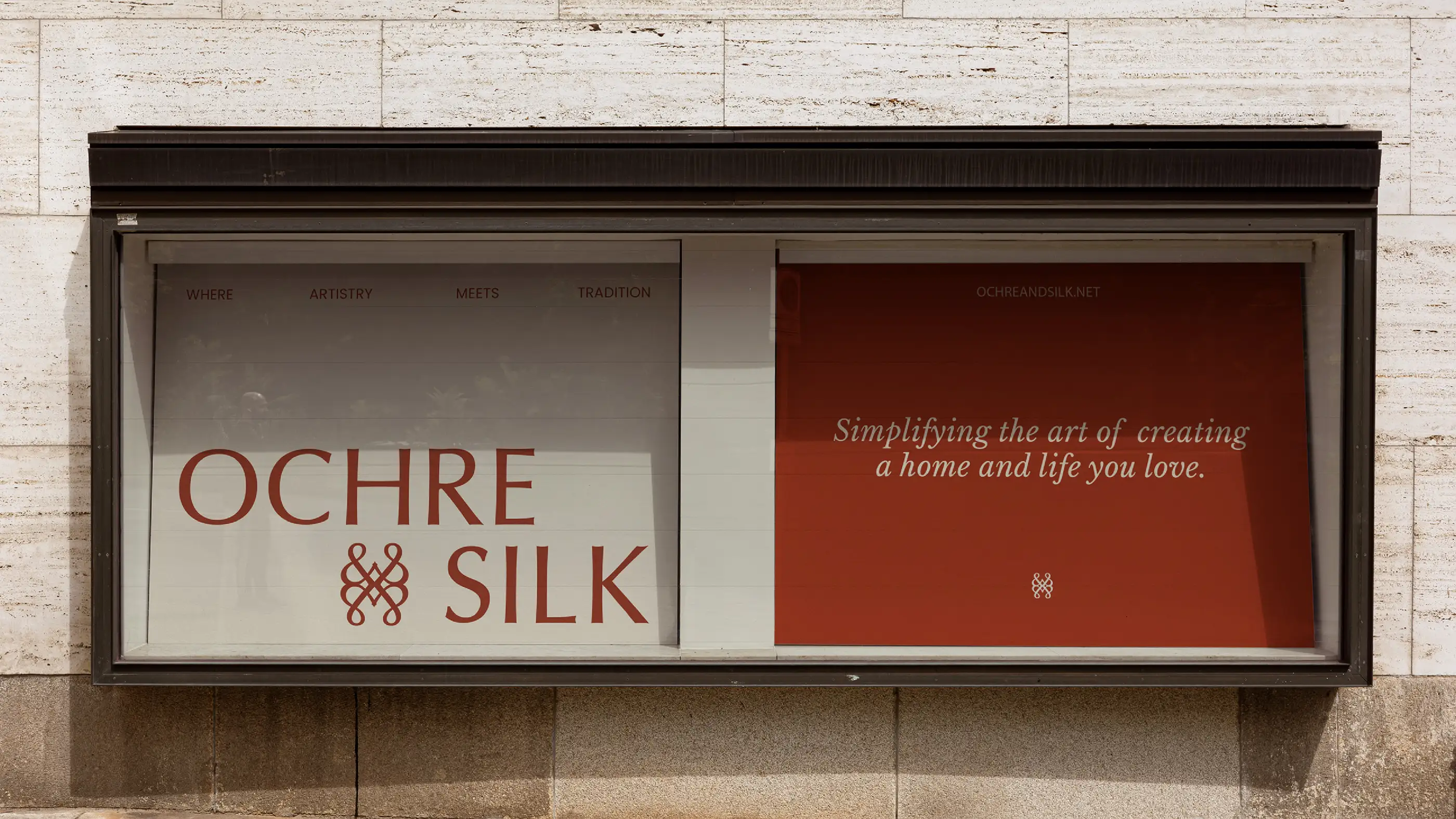 Ochre and Silk shopfront signage reading 'Simplifying the art of creating a home and life you love.'