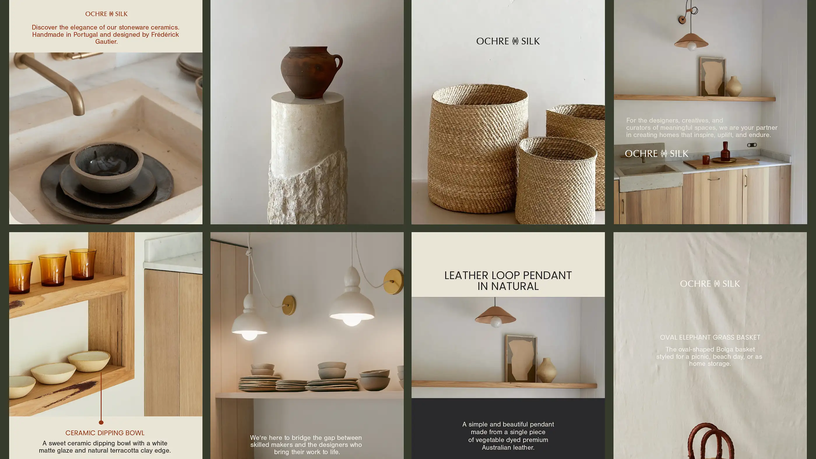 Grid of Ochre and Silk social tiles featuring homewares, a leather loop pendant and product copy