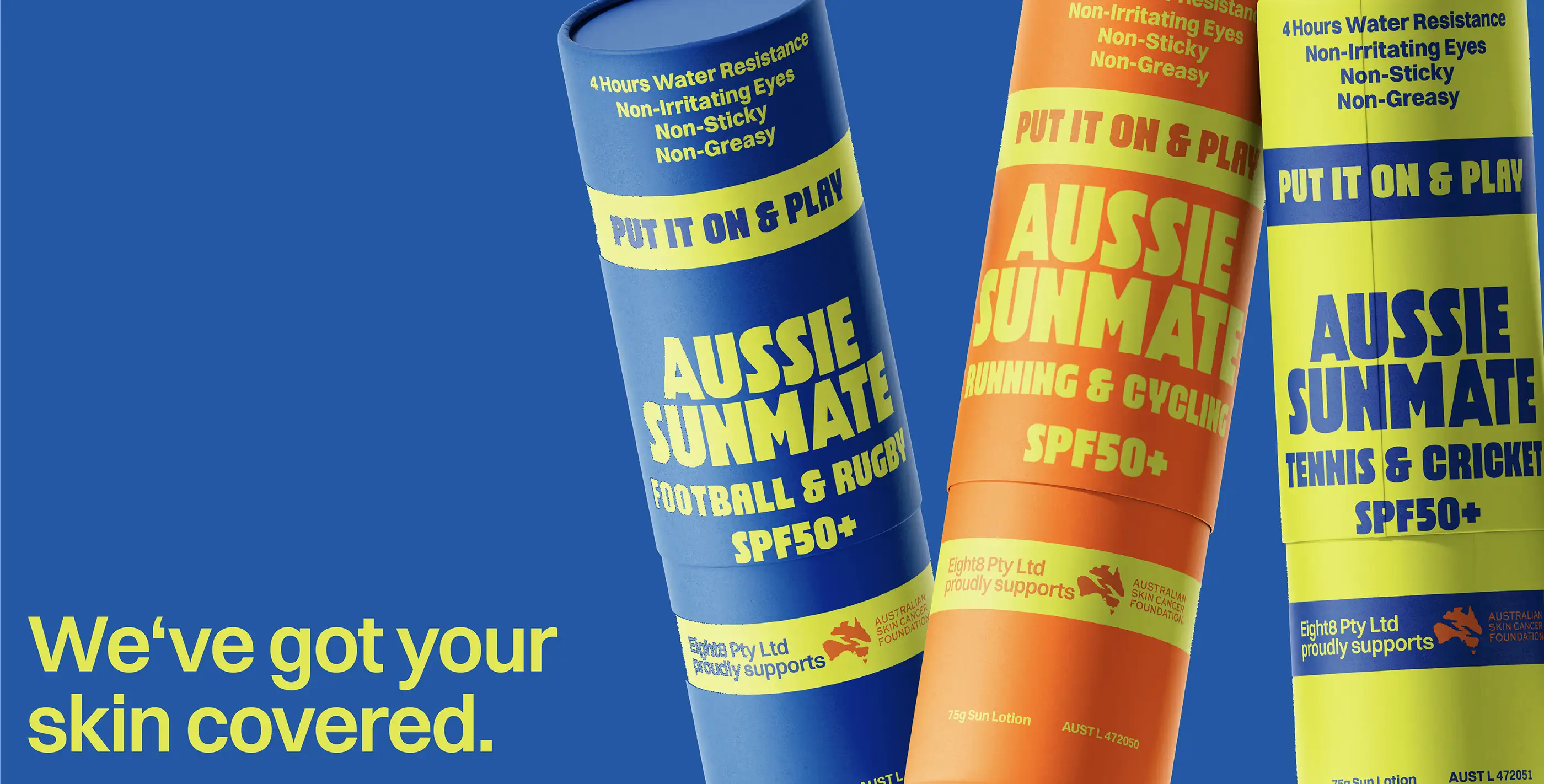 Three Aussie Sunmate sport sunscreen tubes on blue, with the line 'We've got your skin covered.'
