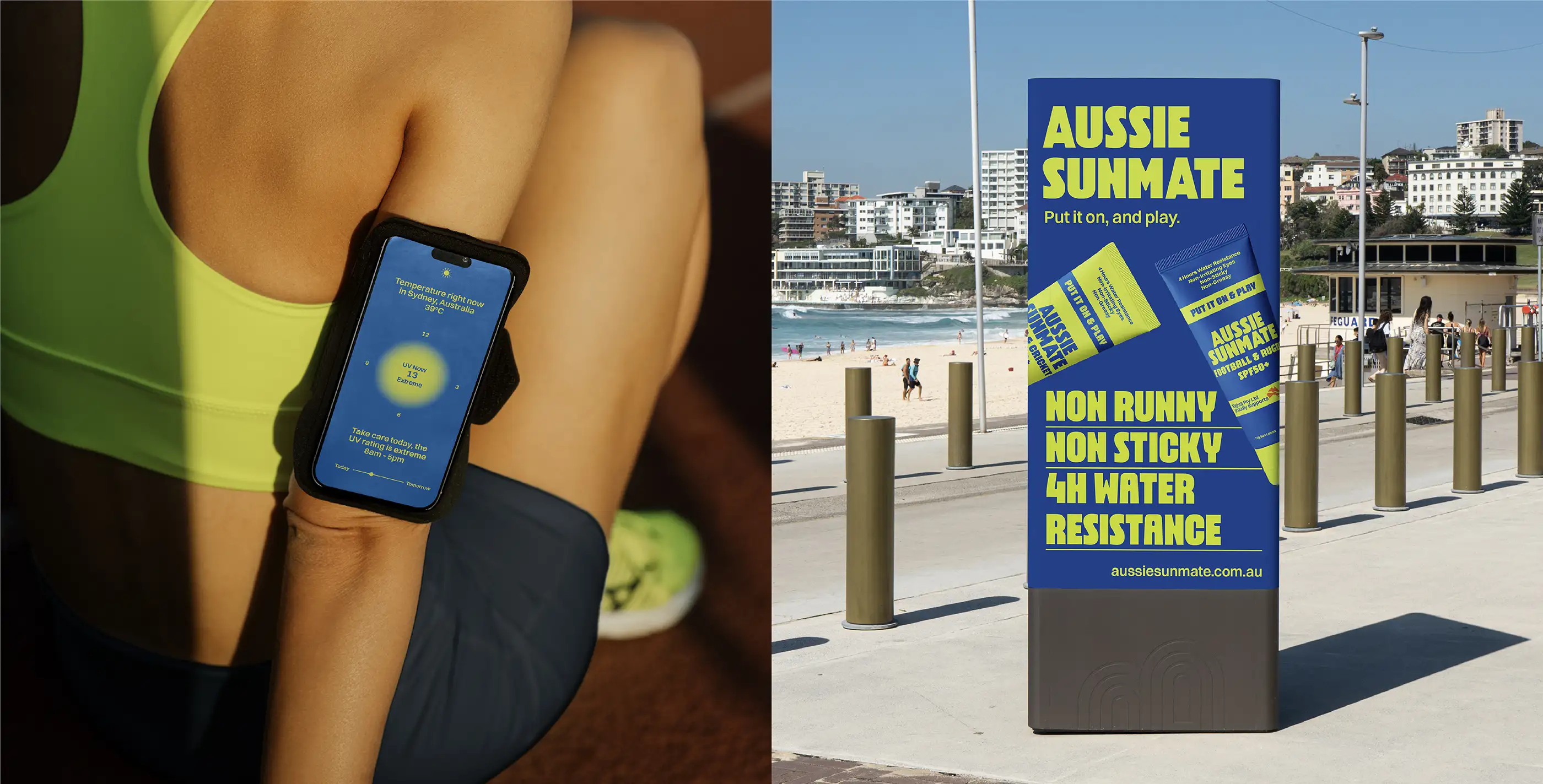 Aussie Sunmate in use — a phone in a running armband, and a brand banner at the beach