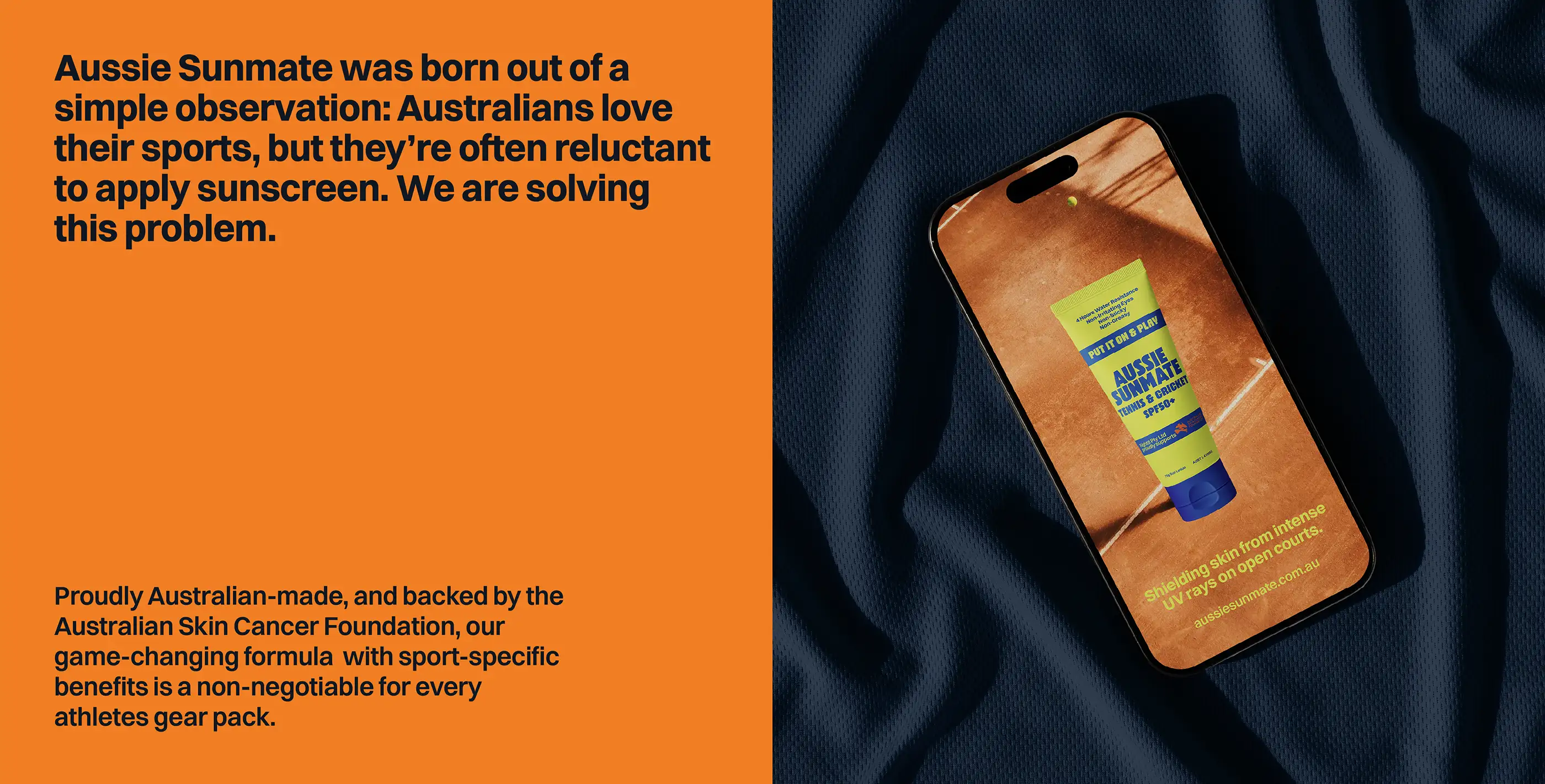 Aussie Sunmate brand story panel explaining the sport-specific sunscreen range, with the site on a phone