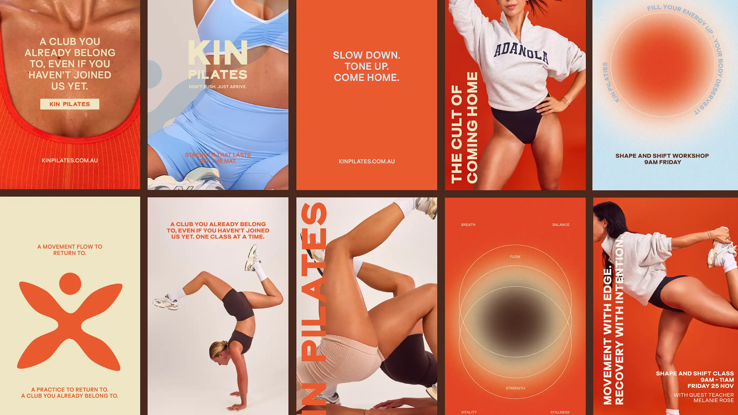 Grid of KIN Pilates social tiles combining studio photography, the brand mark and campaign copy