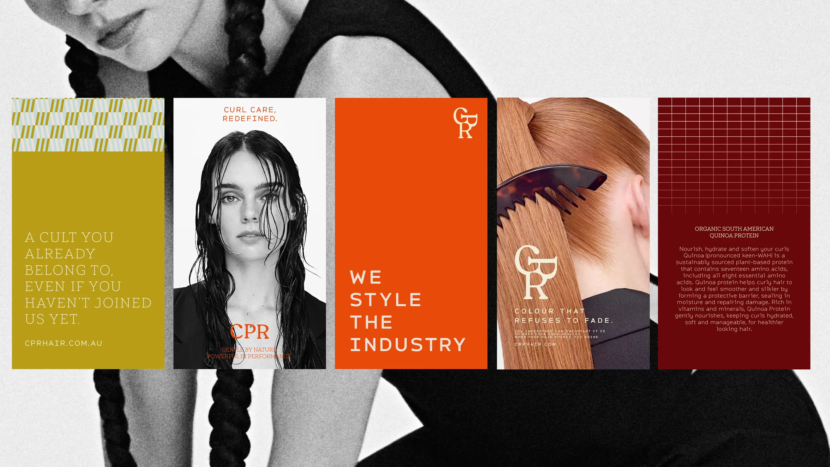 Row of CPR Hair brand panels pairing campaign portraits with copy lines and the monogram