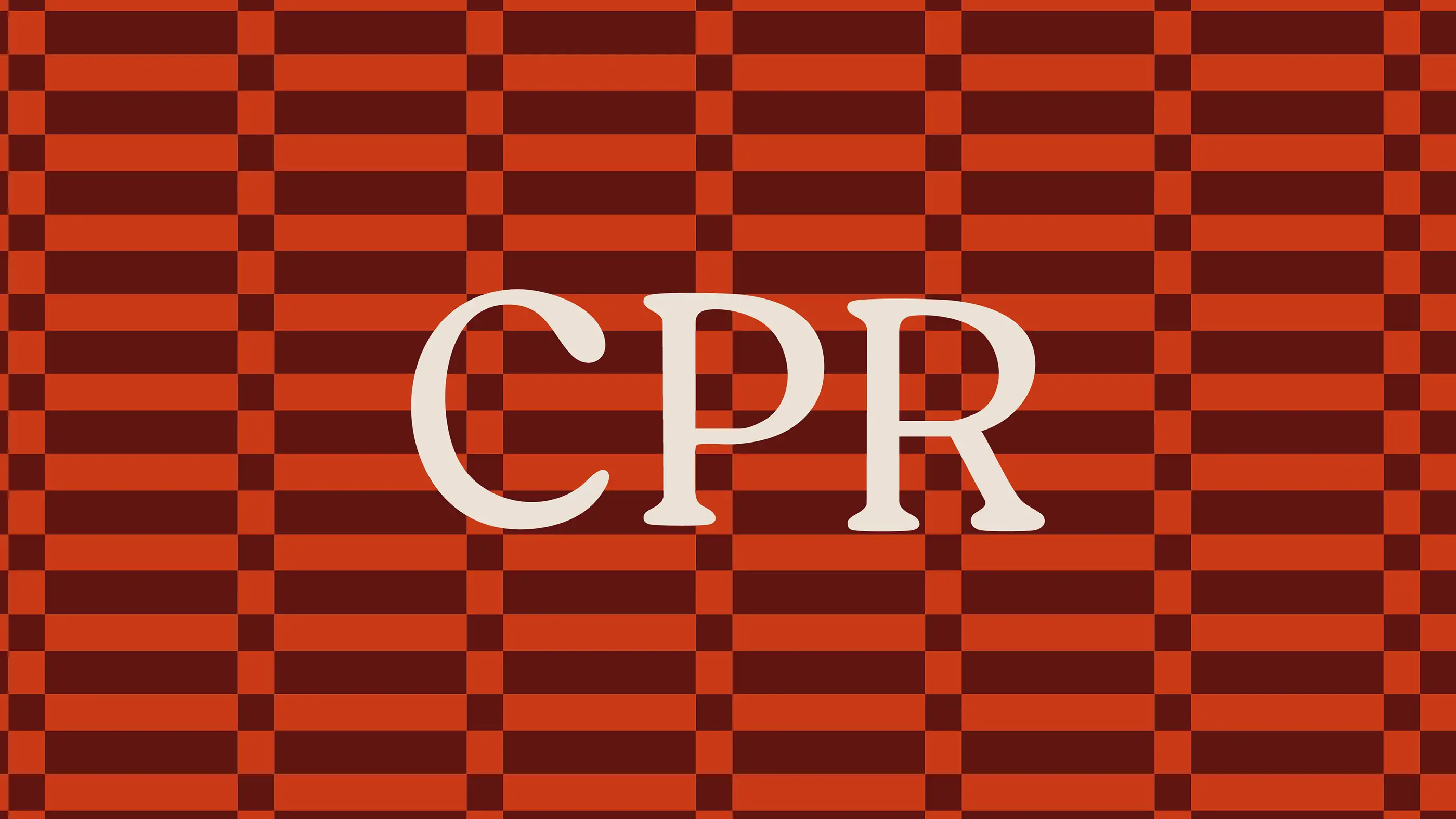 CPR Hair logotype in cream on a rust-red checkerboard pattern