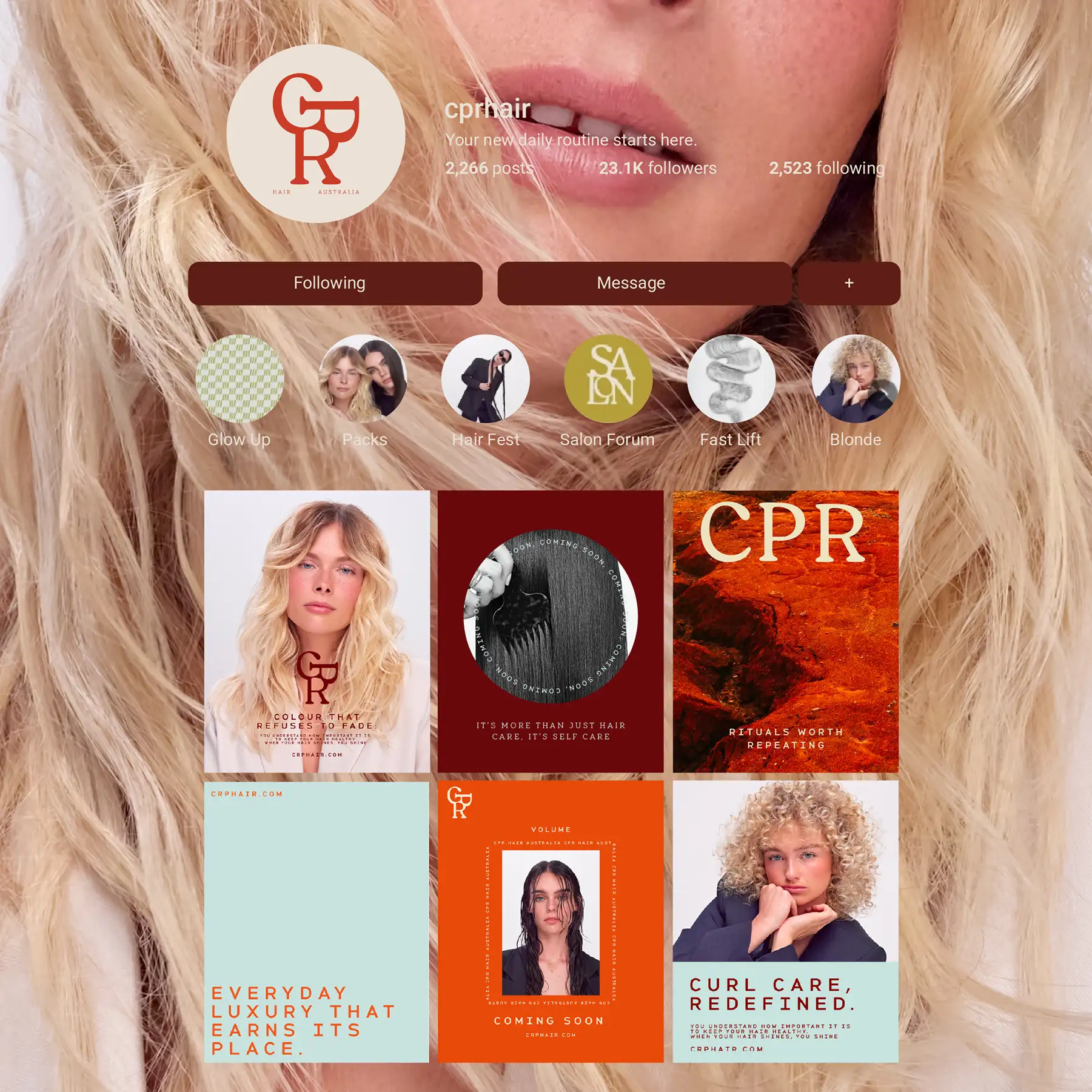 CPR Hair Instagram profile layout showing the monogram avatar, story highlights and campaign grid