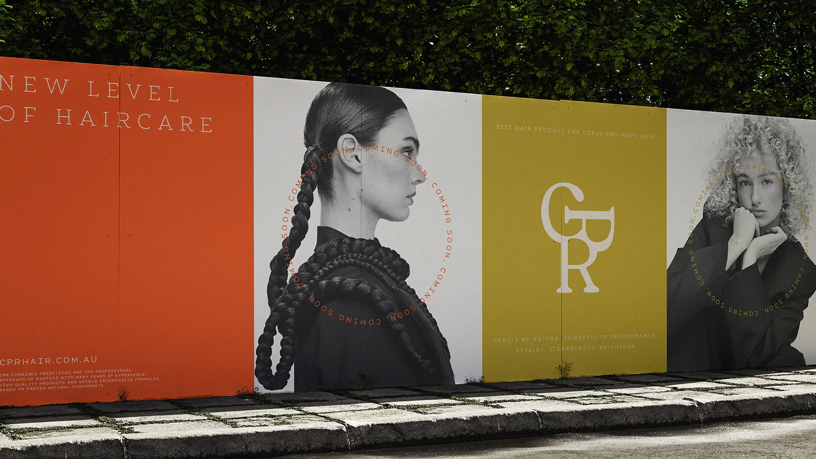 CPR Hair hoarding advertisement reading 'New level of haircare' across orange, olive and cream panels