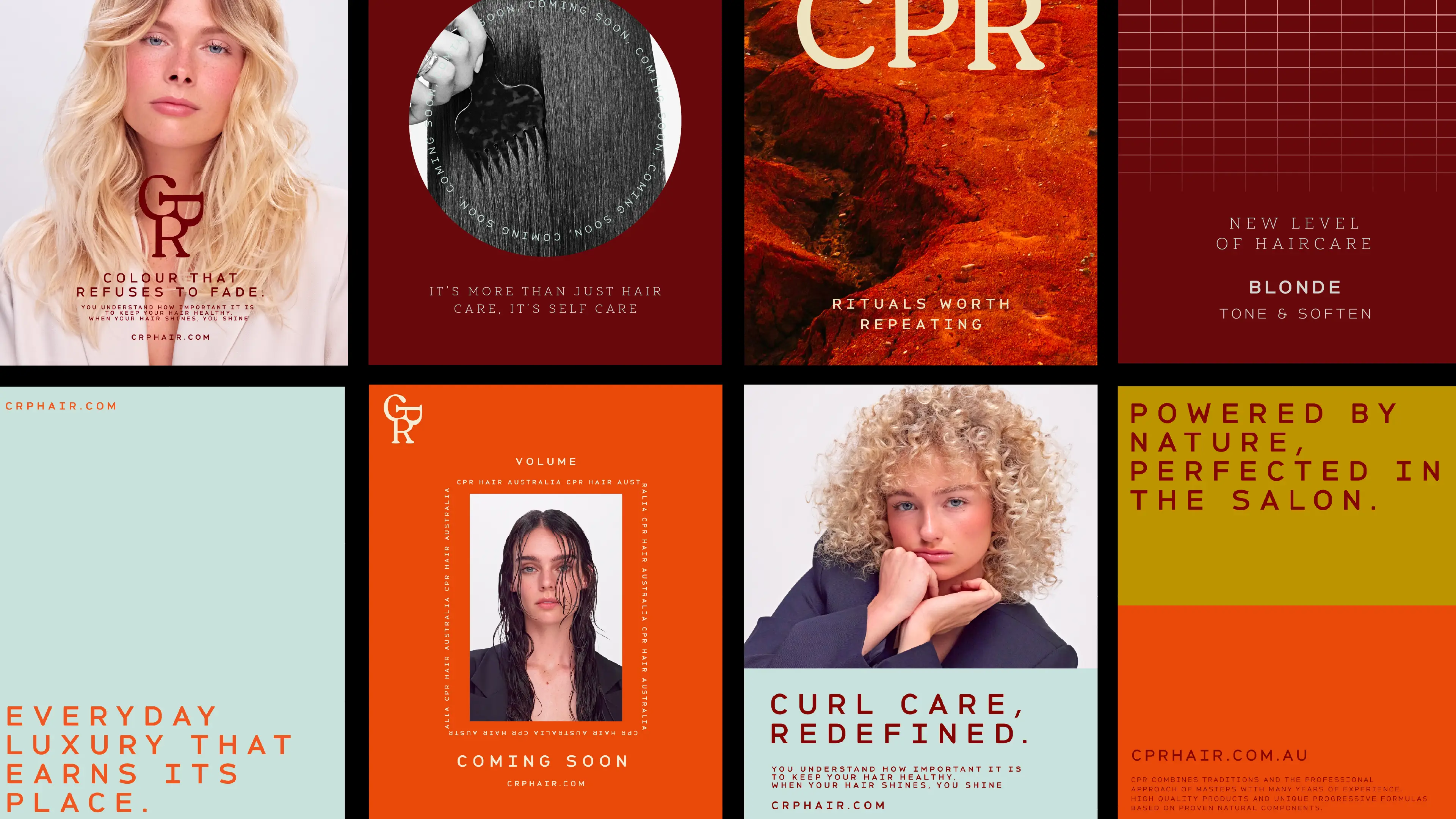 Grid of CPR Hair social media tiles combining campaign portraits, product copy and the brand monogram