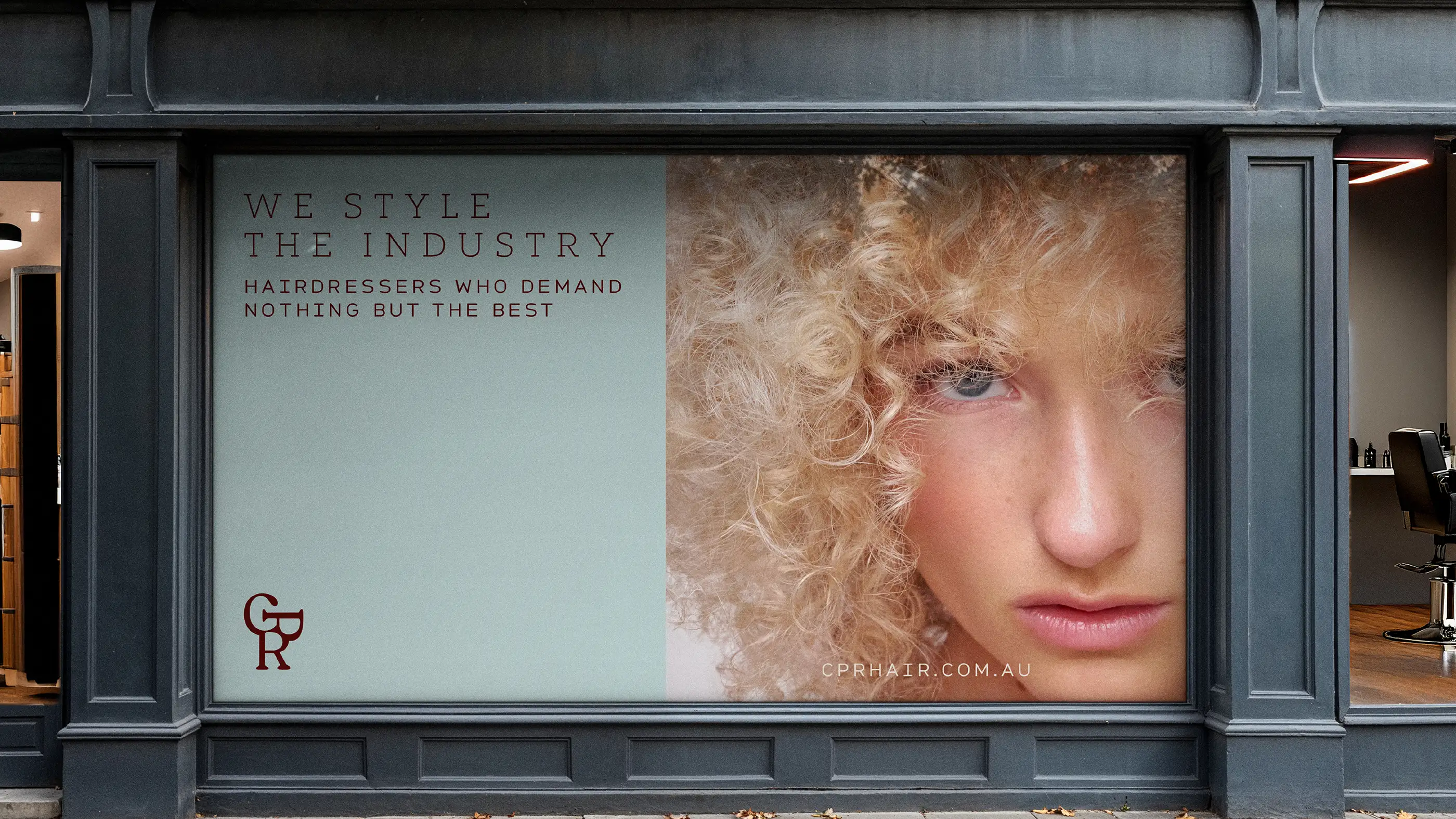 CPR Hair salon window graphic reading 'We style the industry' beside a portrait of a model with curls