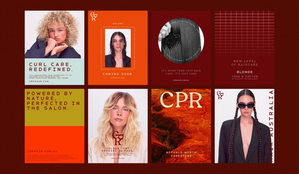 CPR Hair brand campaign layout with product photography and bold red typography