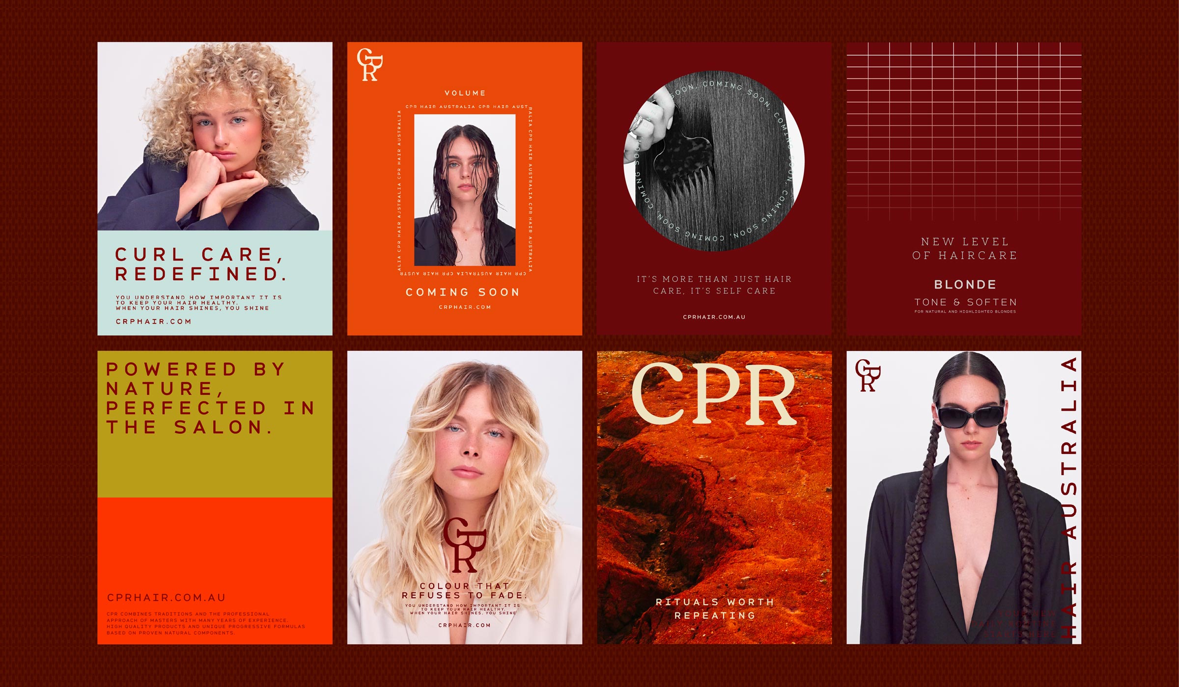 CPR Hair brand campaign layout with product photography and bold red typography