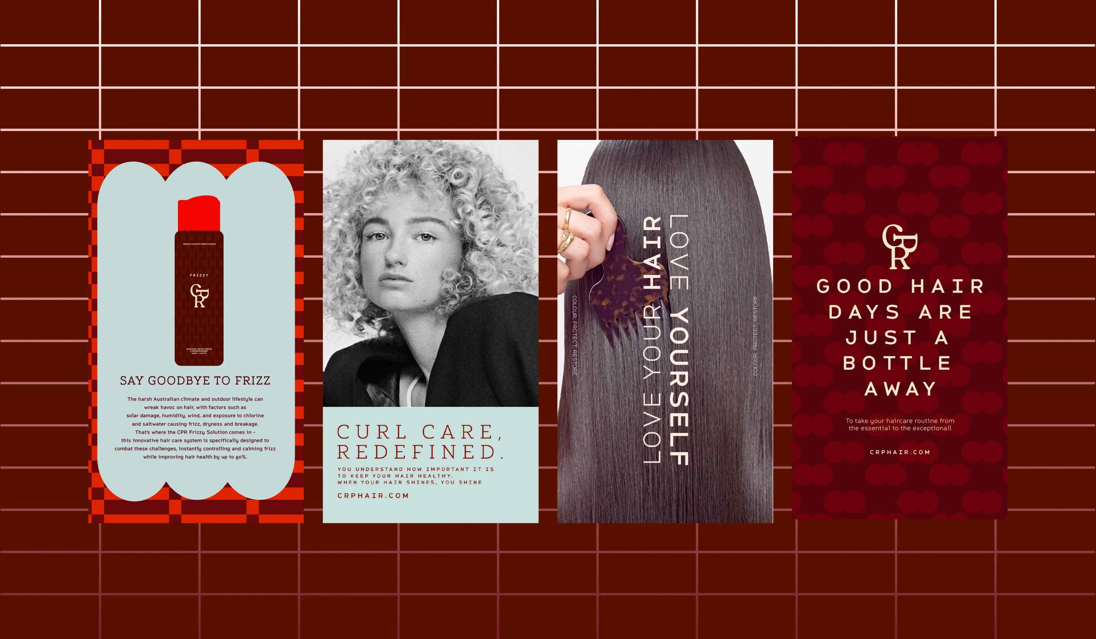 CPR Hair brand panels on a deep red grid, pairing product shots with copy lines including 'Curl care, redefined.'