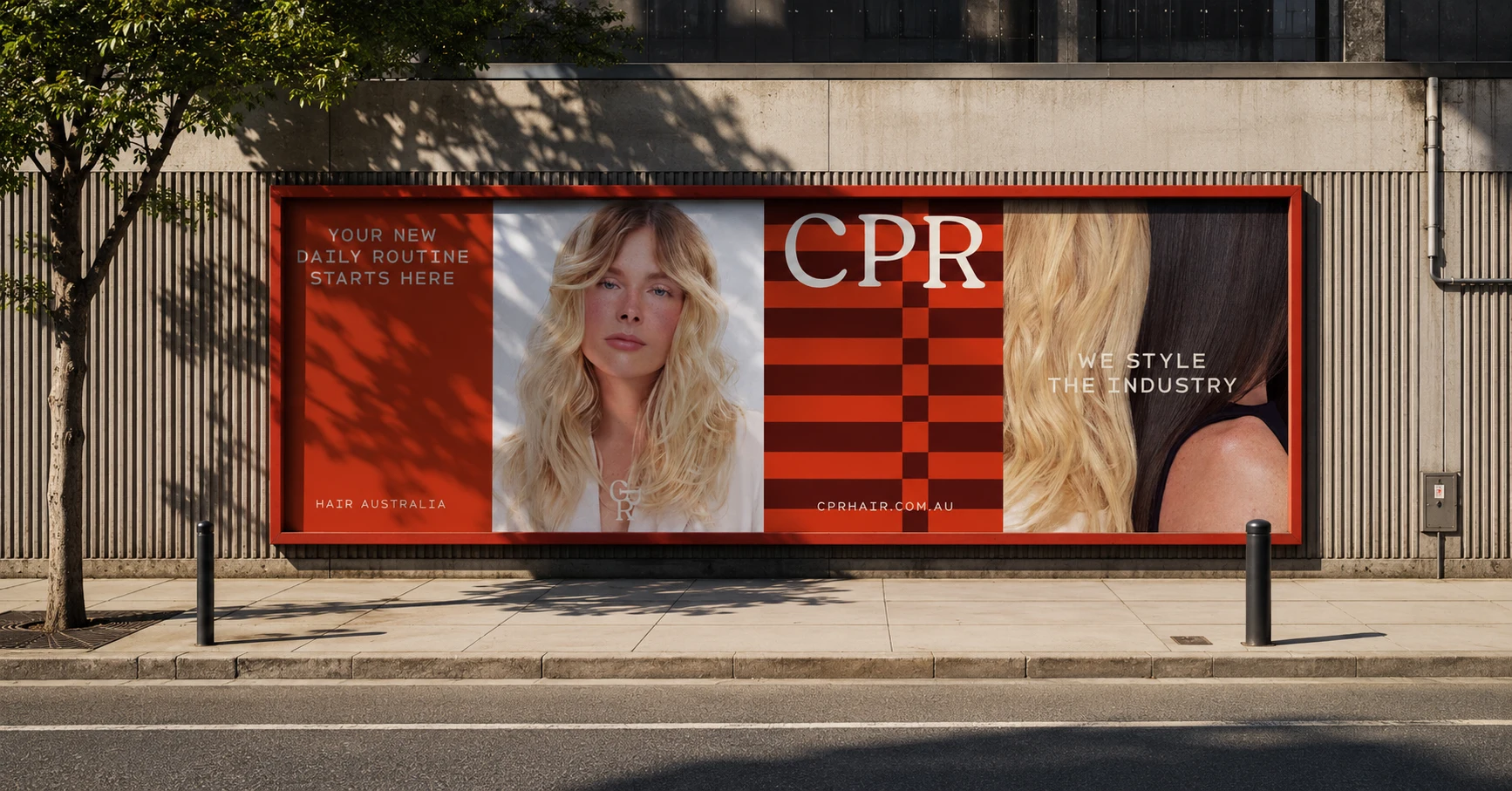 CPR Hair transit advertisement on a street, pairing blonde campaign portraits with the checkerboard pattern