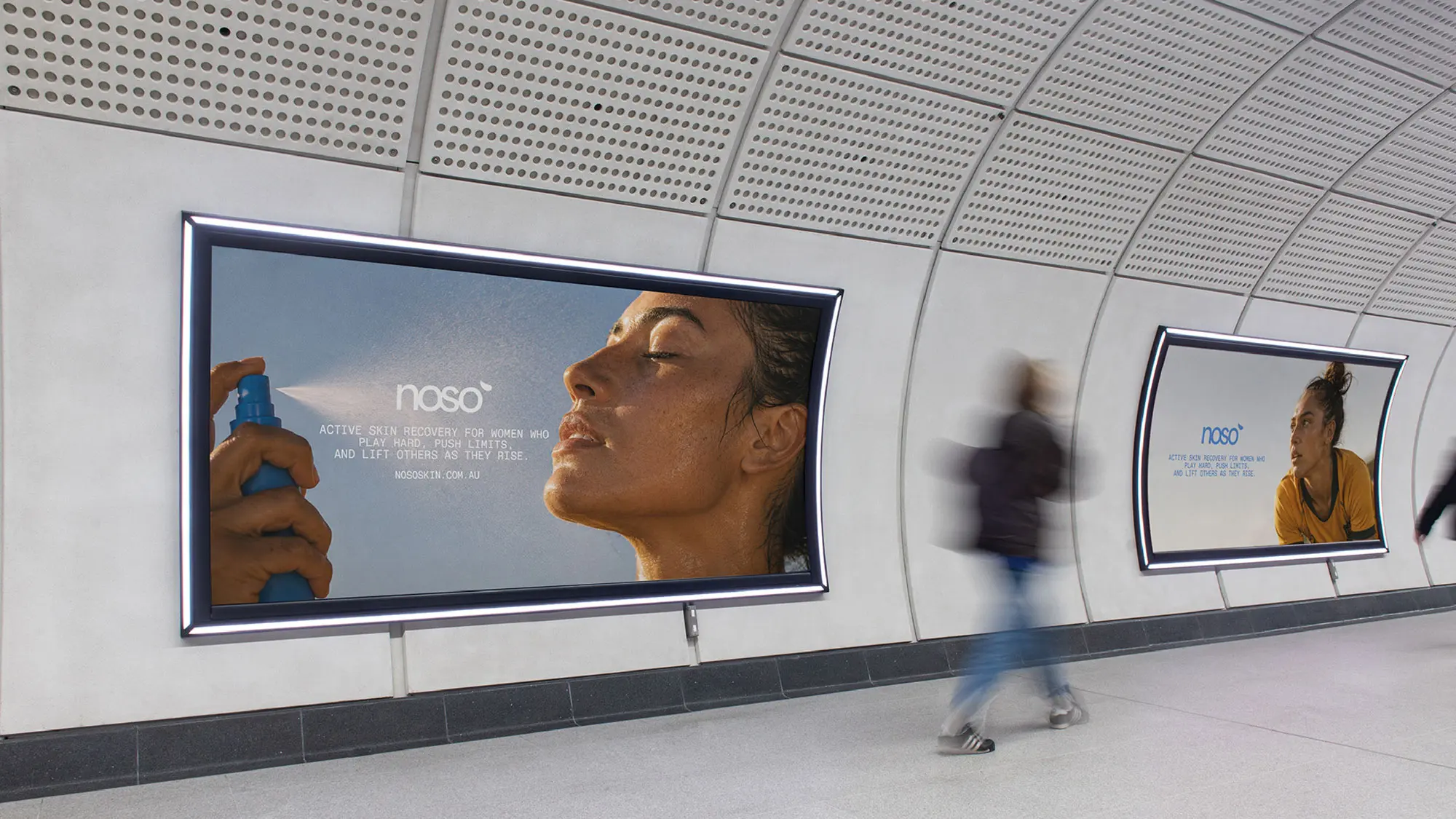 Noso campaign posters in a subway station advertising corridor