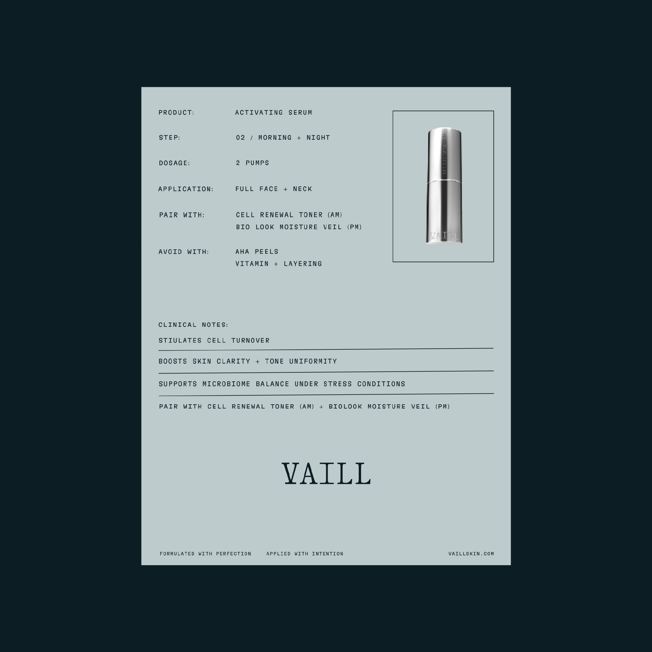 Vaill product specification sheet on a dark navy background
