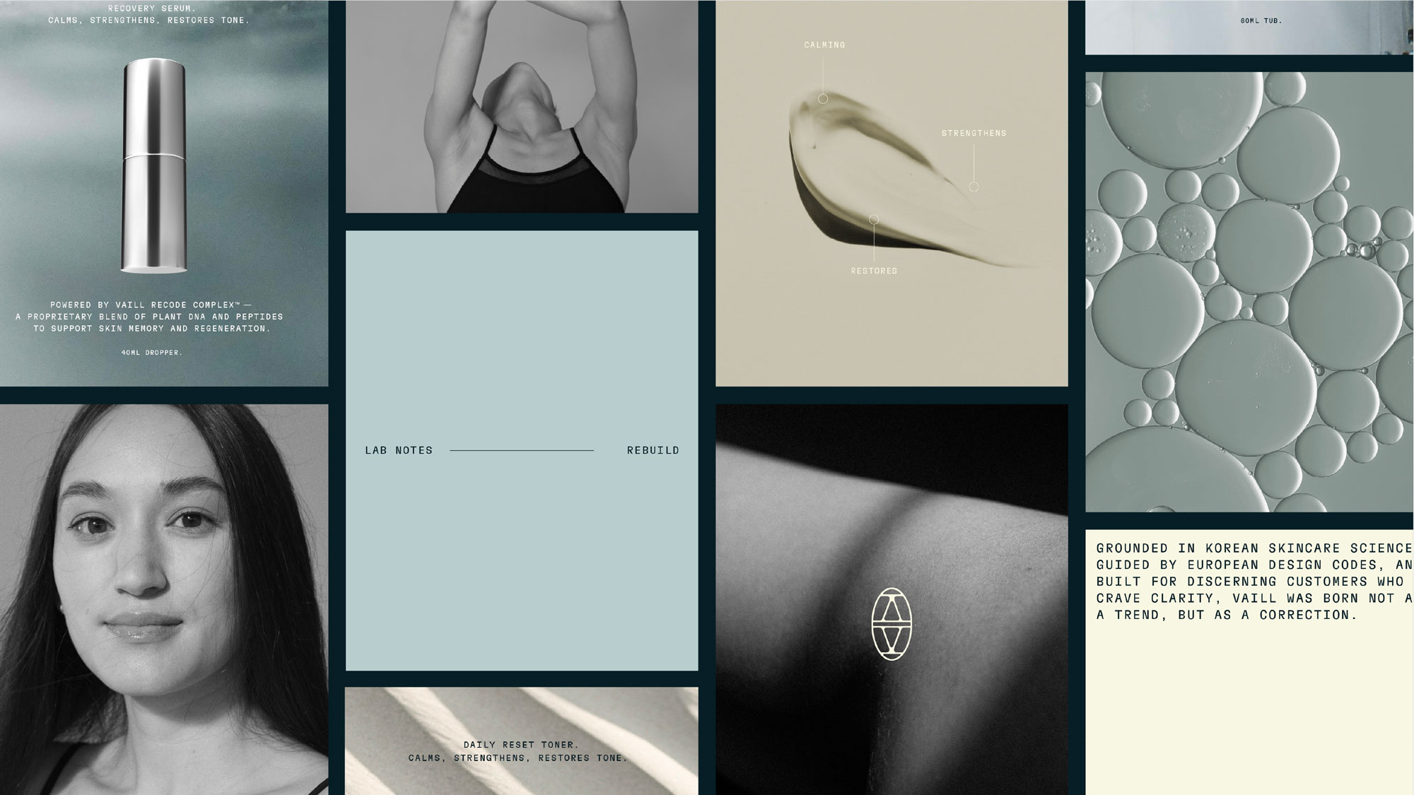 Vaill brand layout combining product, portrait and texture photography