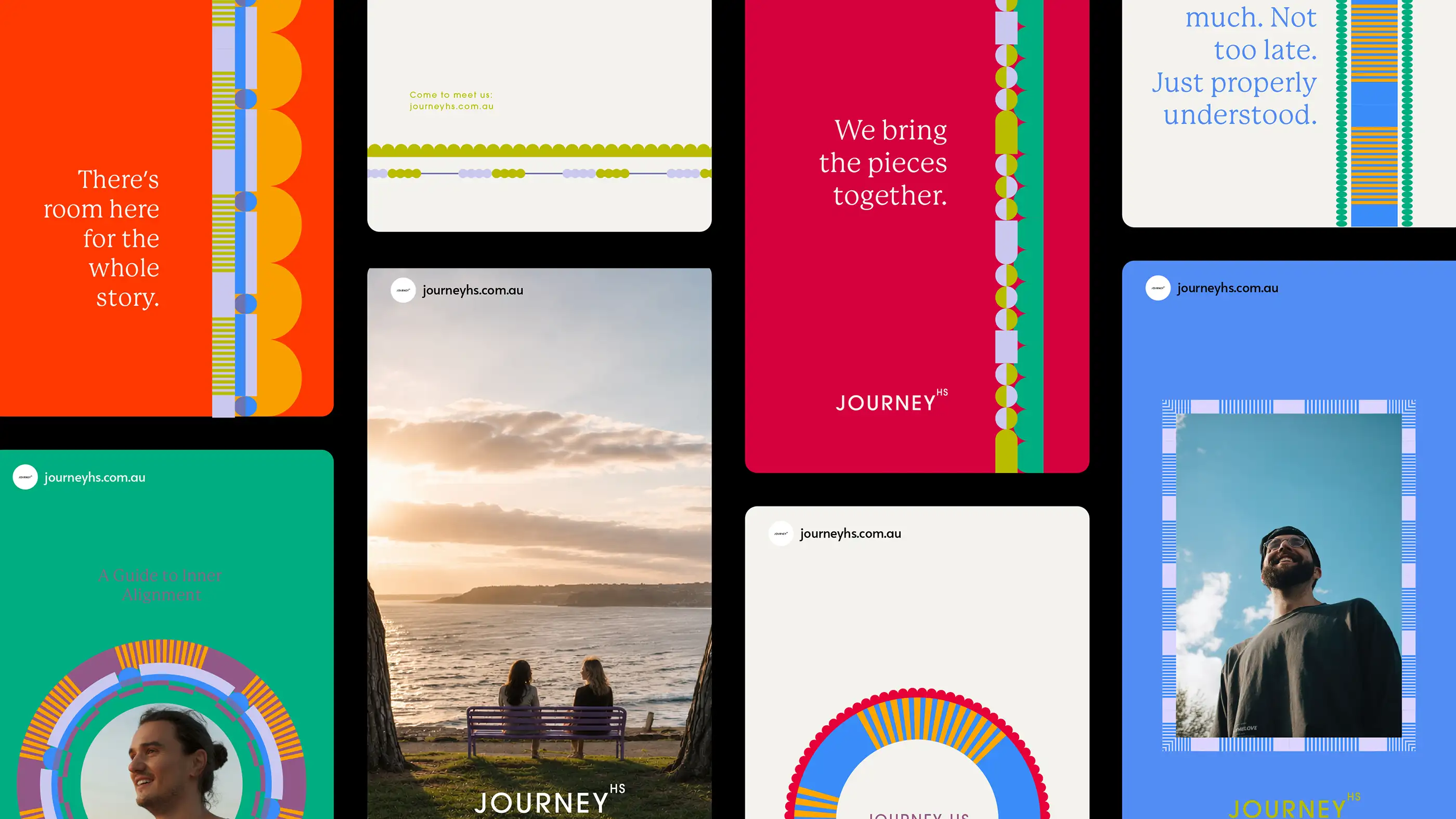 Grid of Journey HS social tiles combining brand copy, photography and the circle device