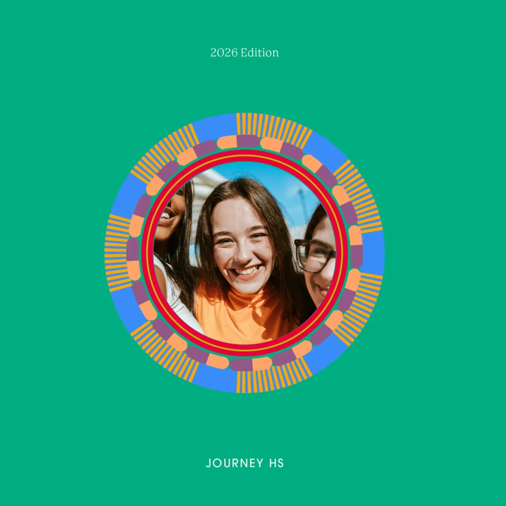 Journey HS report cover in green, with a portrait framed inside the radiating circle device