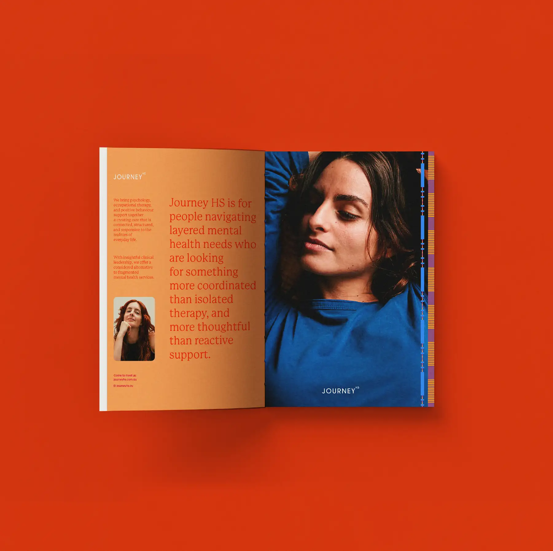Journey HS brochure spread on orange, pairing brand copy with portrait photography