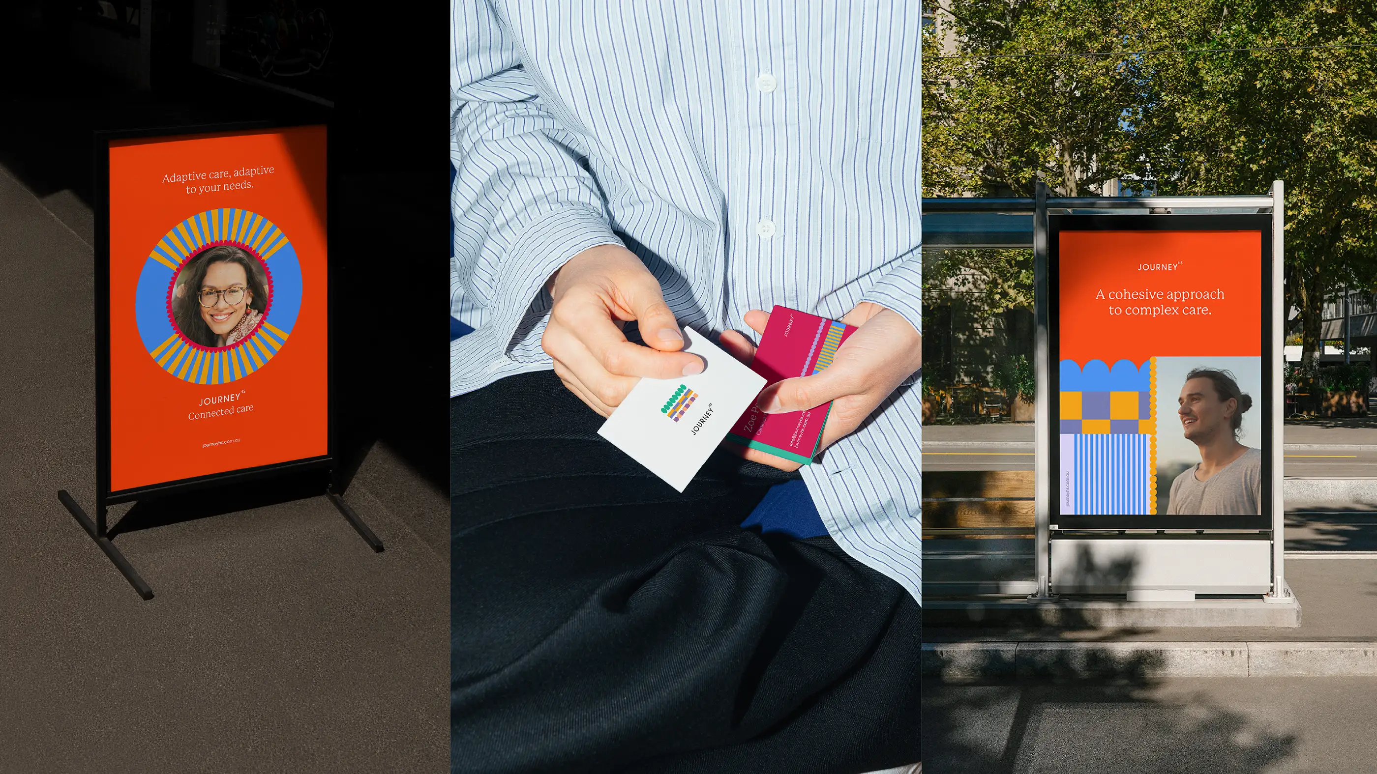 Journey HS brand applied to a pull-up banner, business cards and a street-side digital screen