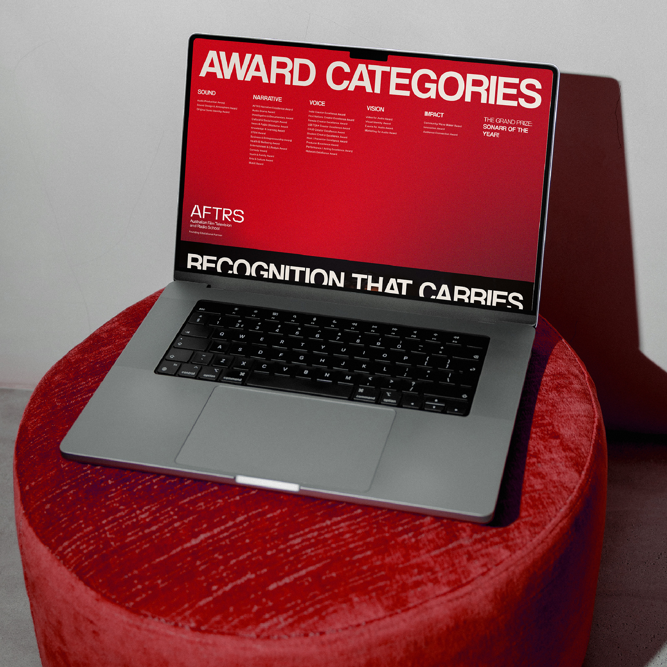 Sonarr awards website shown on a laptop on a red plinth