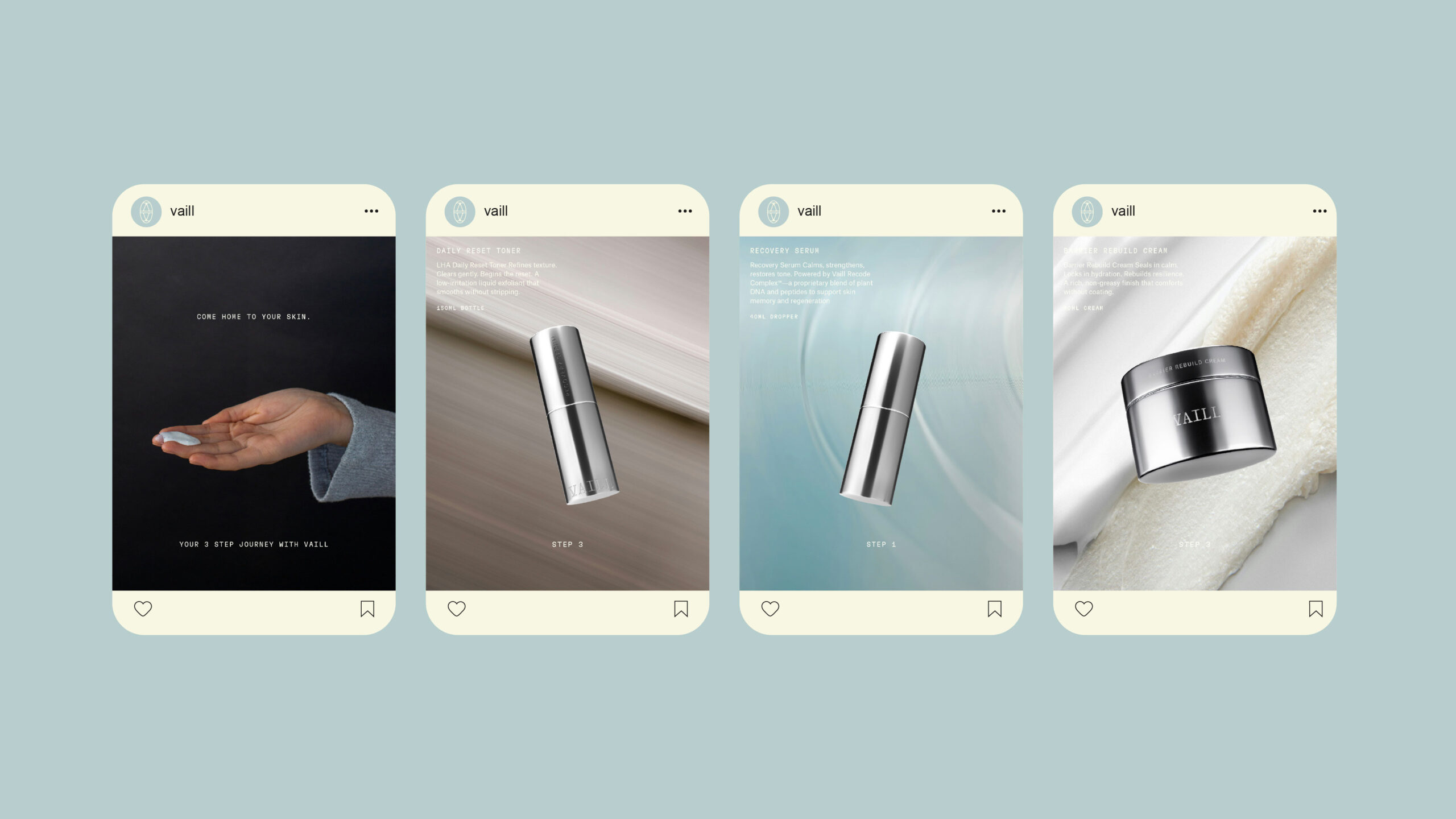 Vaill social media posts shown as in-feed cards on a soft blue background