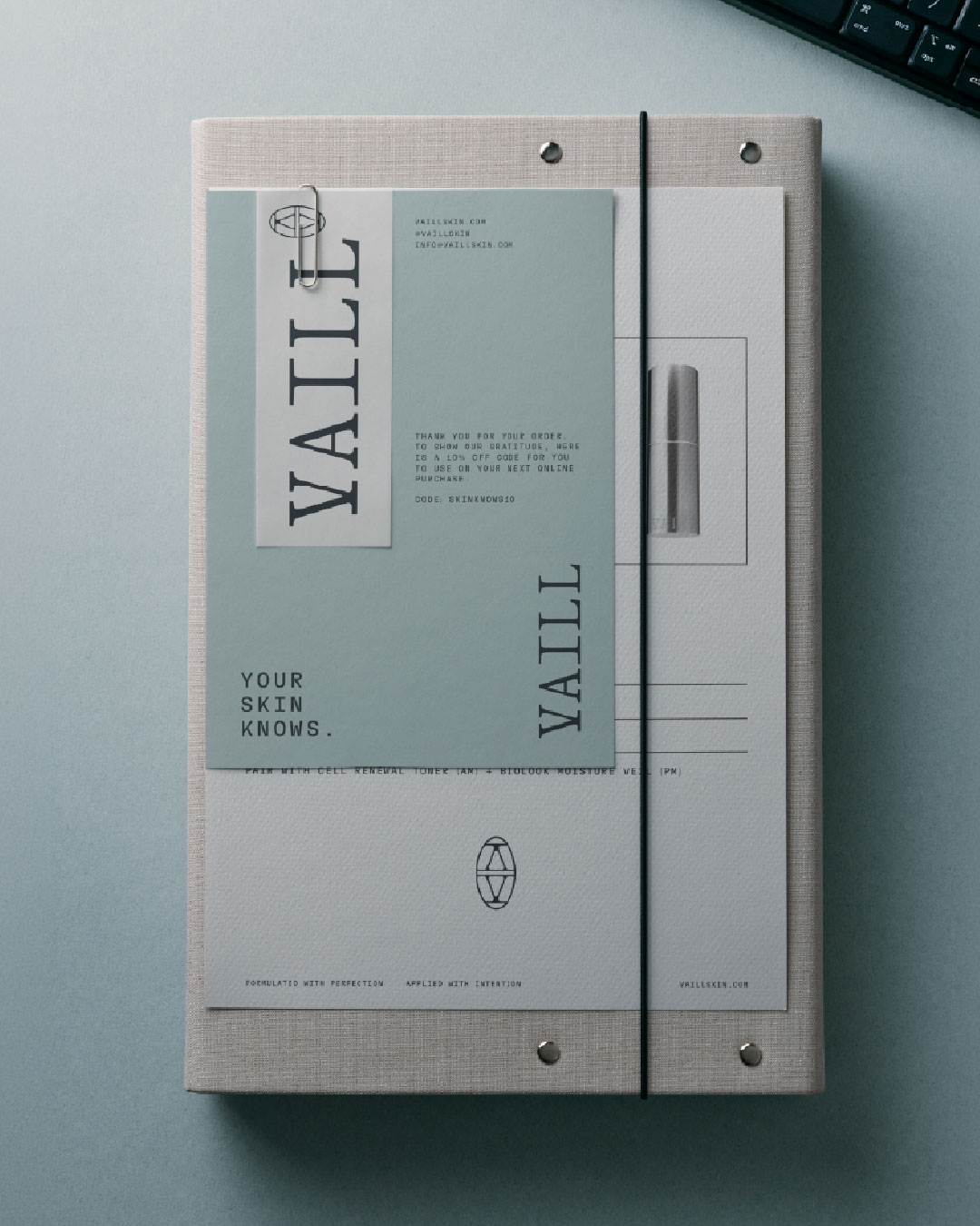 Vaill skincare brand poster mounted on a pale green wall