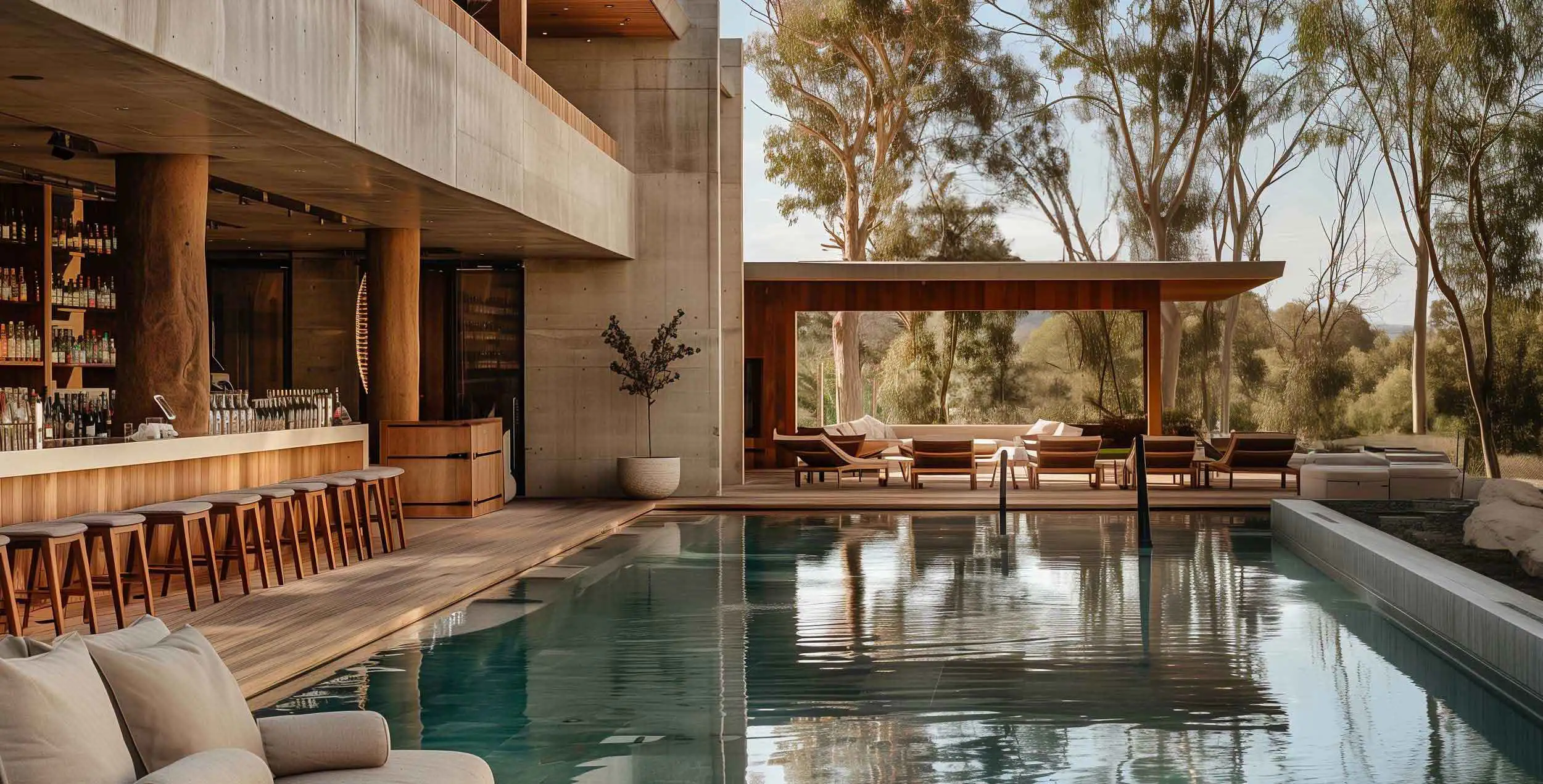 Breeze Swan Valley venue with an outdoor bar and pool surrounded by gum trees