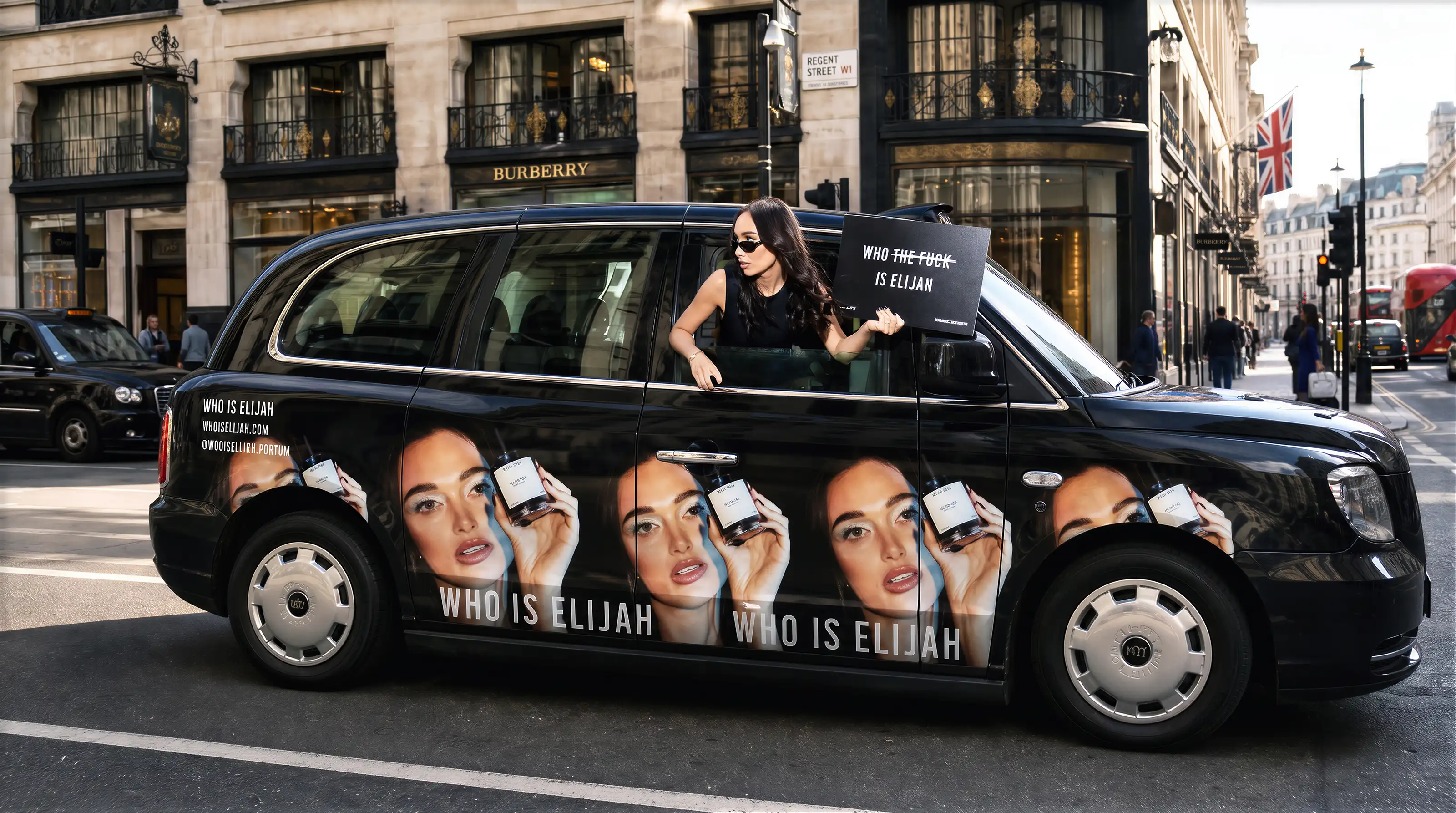 A Who Is Elijah campaign wrap on a London taxi outside Burberry on Regent Street